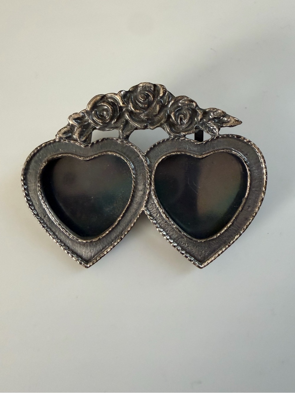 Vintage Double Heart Picture Frame Silver Tone Brooch Pin